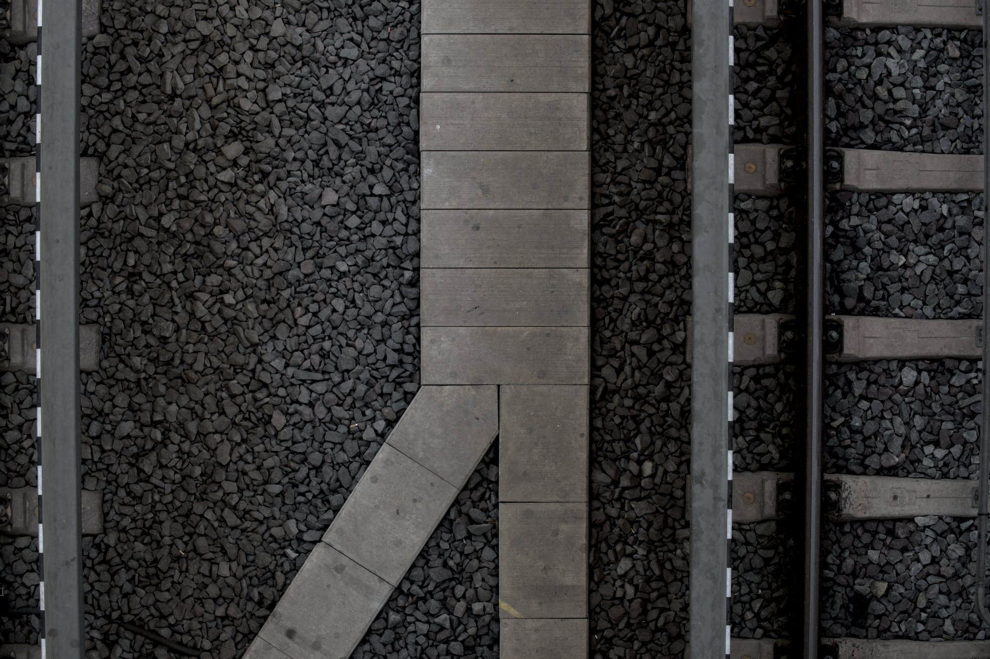 Ein Weg aus Beton Elementen. Links und rechts sind teile von Schienen zu erkennen